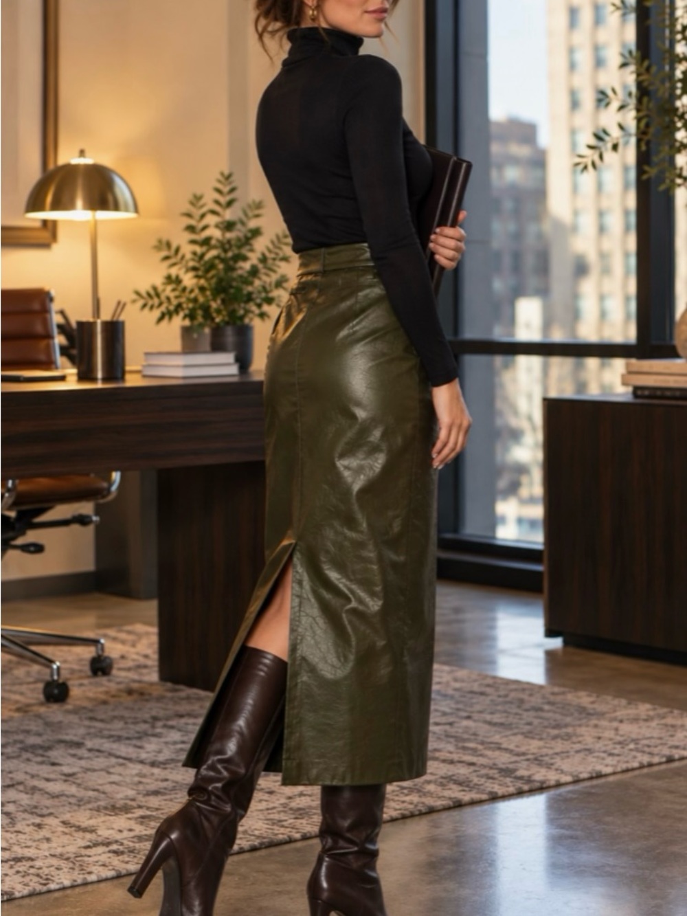 Vintage 90s Olive Green Shiny Midi Skirt Back Slit Office Siren 32 Waist